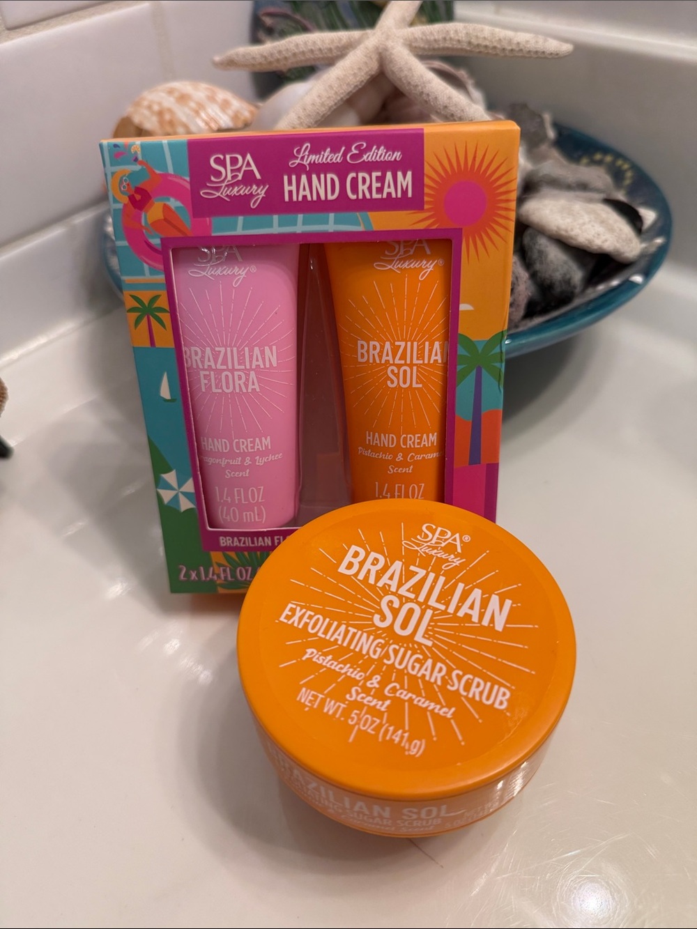 Brazilian Sol & Flora Hand Cream Duo and Exfoliating Sugar Scrub - Orange & Pink